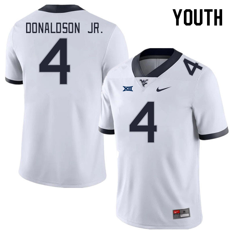 Youth #4 CJ Donaldson Jr. West Virginia Mountaineers College Football Jerseys Stitched Sale-White - Click Image to Close